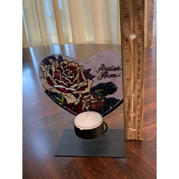 Joan Baker Stained Glass Heart Candle Holder Praise Him Religious Sun Catcher - Picture 10 of 12